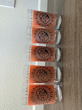 Jeannette Glass Aztec Orange & 22 Karat Gold Sunburst Highball Glasses Set of 5